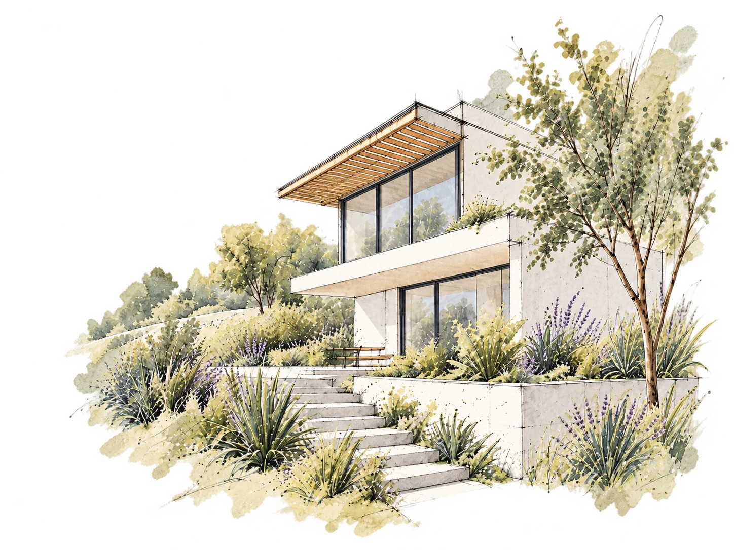 Croquis d’une maison contemporaine bioclimatique intégrée dans un jardin arboré