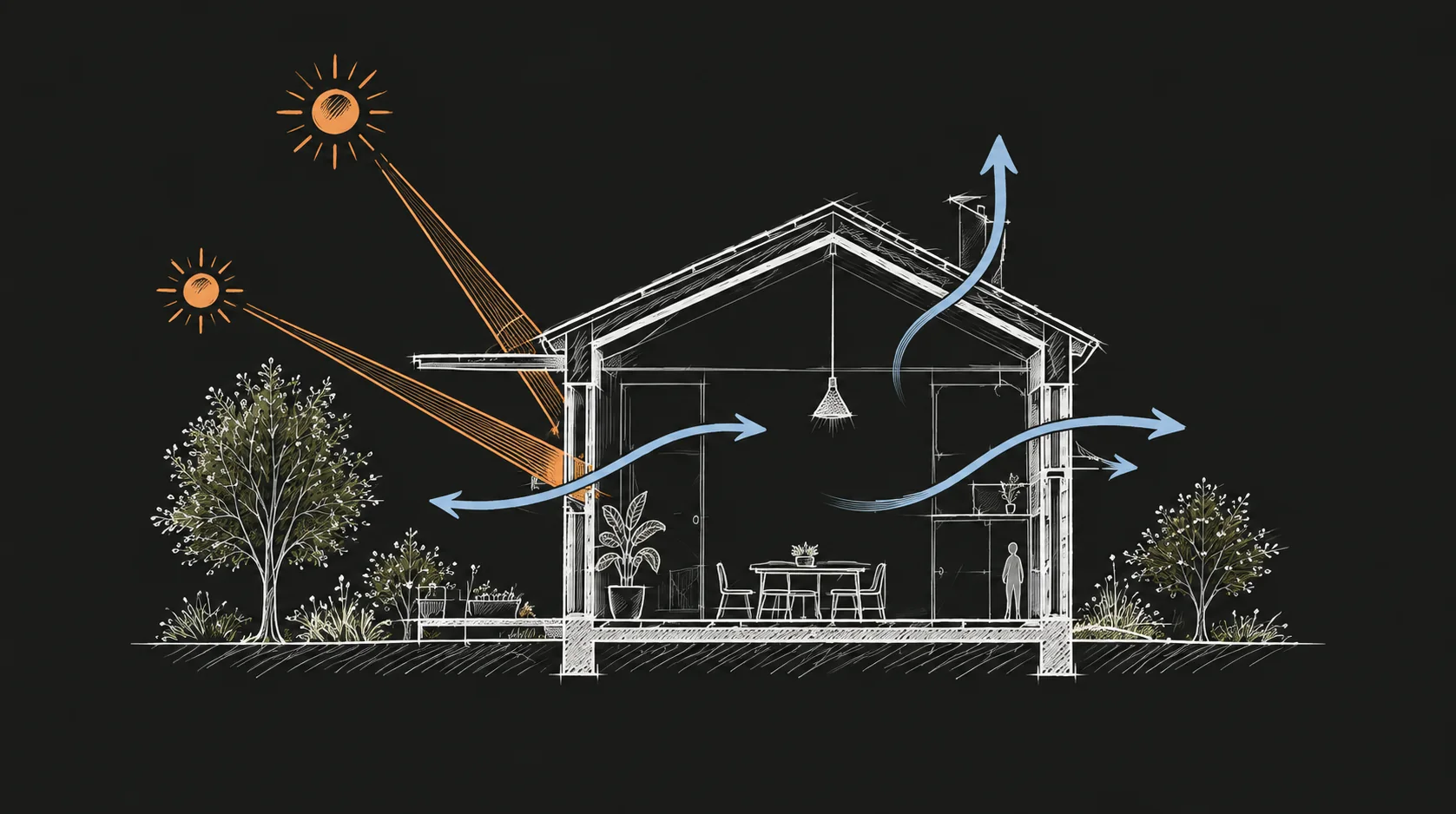 Coupe architecturale illustrant la protection solaire et la ventilation naturelle d’une maison en été