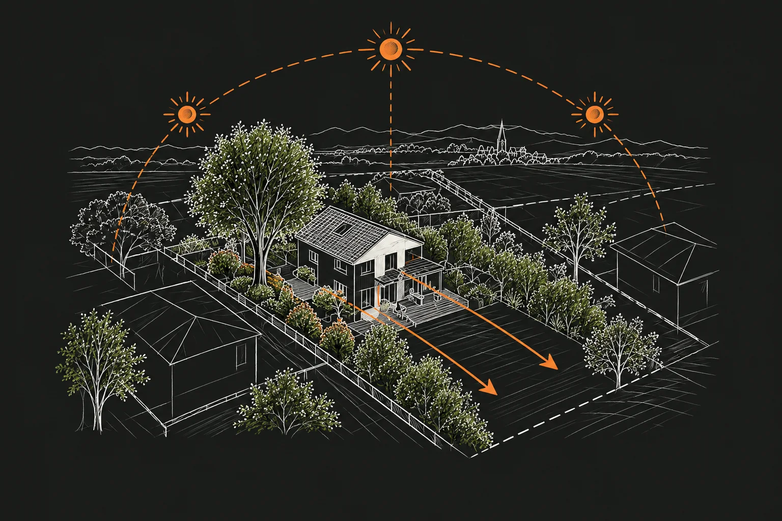 Croquis d’une maison implantée dans son paysage, entre arbres, jardin et course du soleil