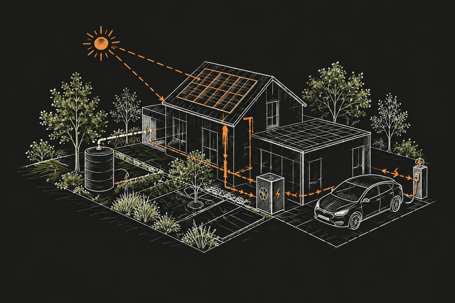 Croquis d’une maison sobre intégrant panneaux solaires, végétation, gestion de l’eau et recharge électrique