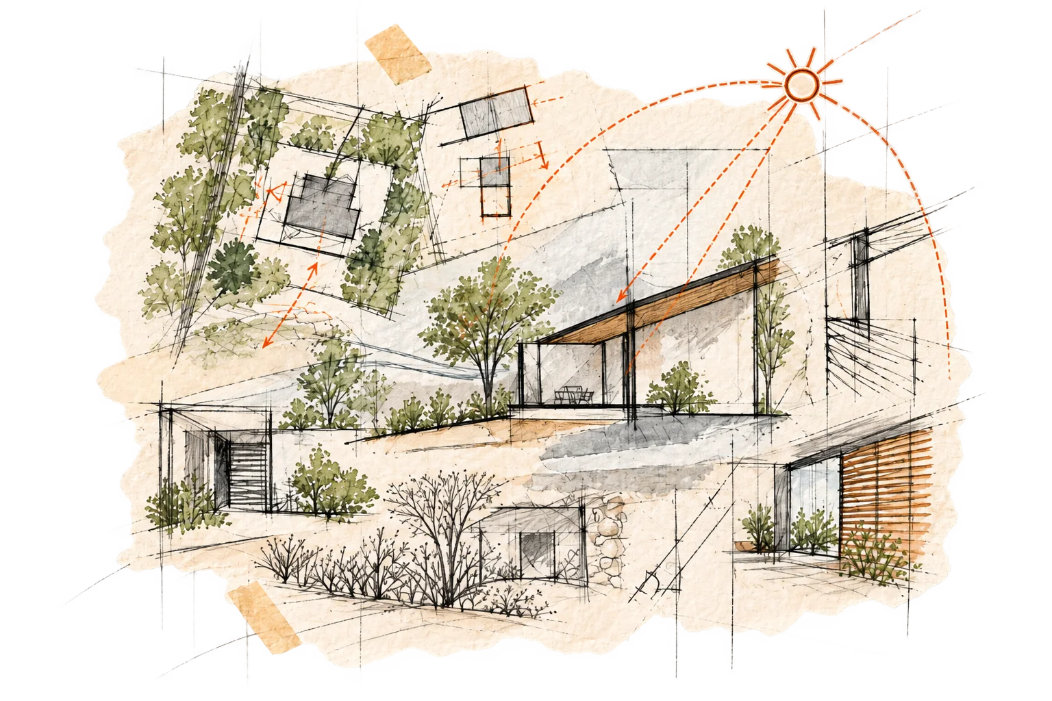 Planche de recherche architecturale sur l’implantation, le soleil et la ventilation naturelle